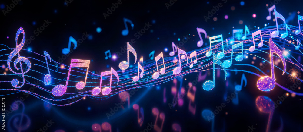 Poster musical notes overlay on black background with glowing lights and vibrant colors creating dynamic vi
