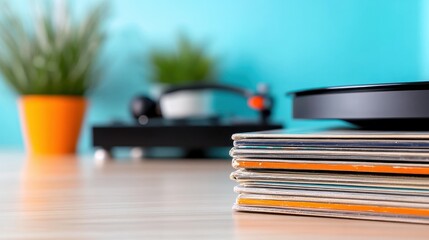 Vinyl records stacked in a cozy listening nook with a record player on display
