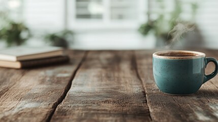 Inviting warm coffee with steam and an open book on a rustic table