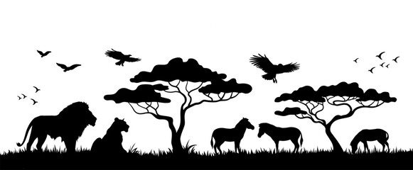 Silhouette of animals and birds in the savannah. African landscape scene. Vector horizontal seamless tropical background with lions, zebras and flying birds. Black isolated silhouette