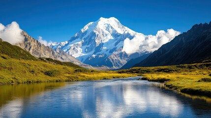 Snowy peaks tower over a calm river meandering through the valley