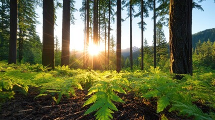 Sunlight dances through trees in a vibrant green forest