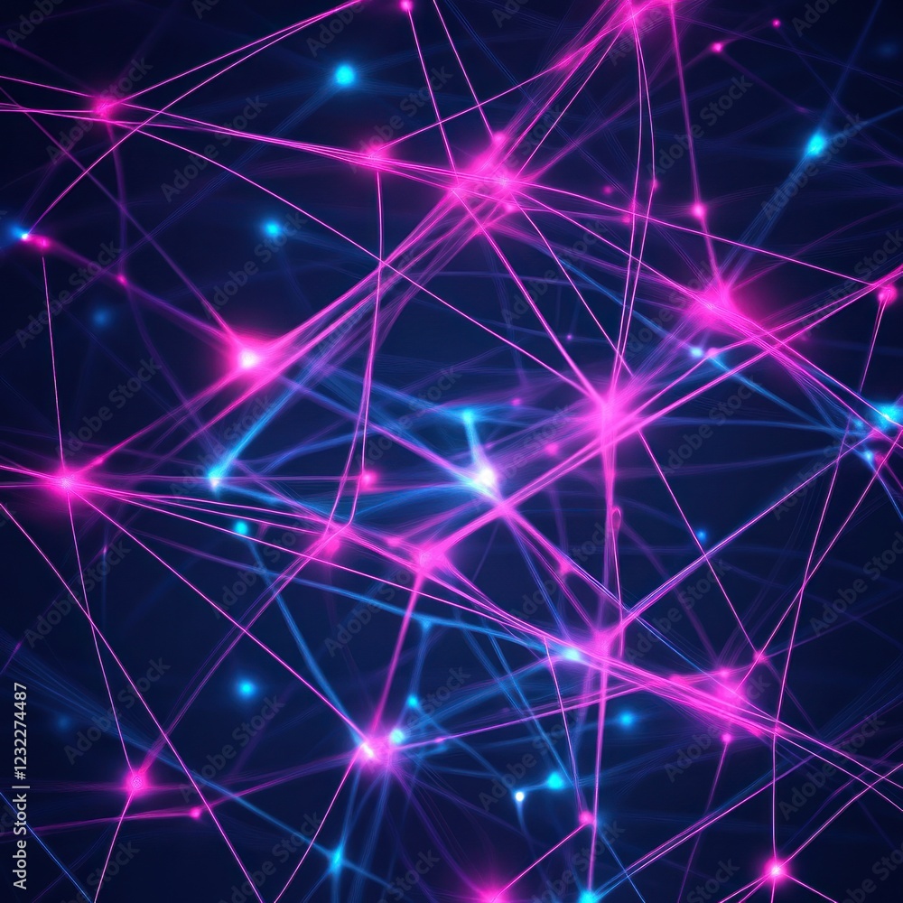 Poster abstract network of pink and blue lines and dots on a dark background for digital technology