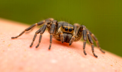 Close-up of a small spider with multiple eyes and hairy legs crawling on human skin, green blurred background, macro photography, nature