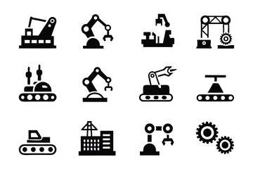 Create a clean, editable icon set depicting various aspects of the manufacturing industry, including machinery, assembly lines, and factory components.