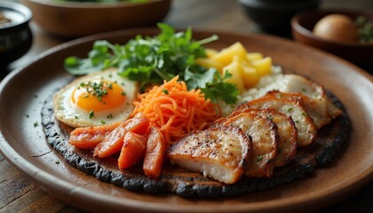 Delicious homemade breakfast plate with egg, sausage, vegetable, and meat. Concept of healthy eating and nutrition.