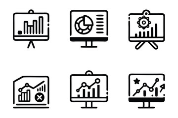 Create a clean, editable line icon set depicting key marketing analytics concepts like website traffic, conversion rates, ROI, and social media engagement.  Include contact information icons.