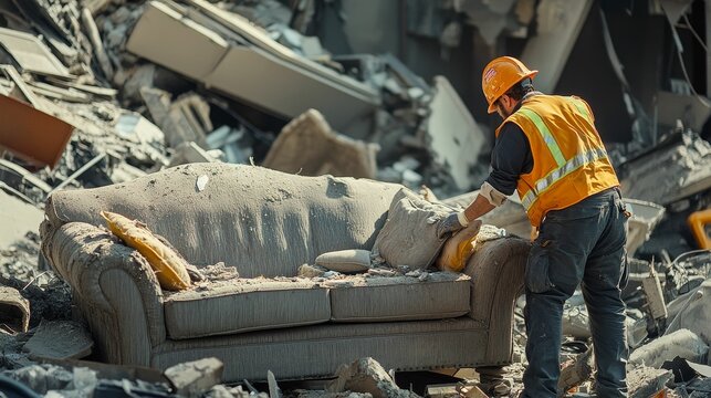 Worker examines damaged sofa amid rubble and destruction.