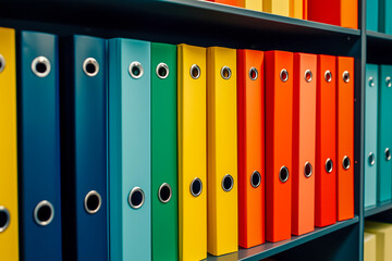 Colorful file folders neatly organized on a shelf.