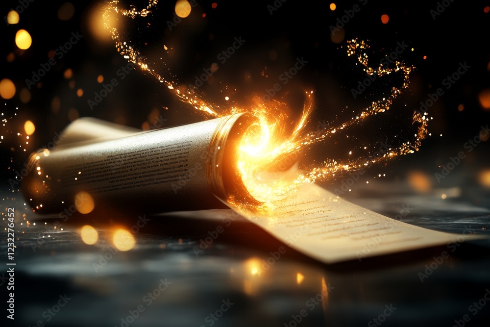 Poster A 3D-rendered image of a glowing certificate scroll placed on a marble podium, surrounded by golden laurels and shimmering light effects