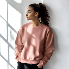 A young woman in a pink sweatshirt poses with a thoughtful expression leaning against a white wall with light streaming through the window behind her, creating a stylish and minimalist aesthetic. 