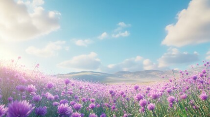 Fototapeta premium Vibrant purple flowers bloom across rolling hills under a bright blue sky with fluffy clouds