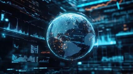 A futuristic representation of global connections, a globe surrounded by spinning holographic data points, sci-fi, high resolution, vibrant tones