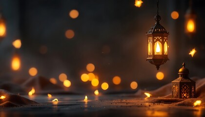 Obraz premium Glowing Ramadan Lanterns Warm Festive Lights Dark Background