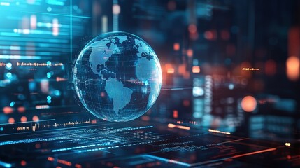 Fototapeta premium A futuristic representation of global connections, a globe surrounded by spinning holographic data points, sci-fi, high resolution, vibrant tones