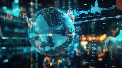 Fototapeta premium A futuristic representation of global connections, a globe surrounded by spinning holographic data points, sci-fi, high resolution, vibrant tones