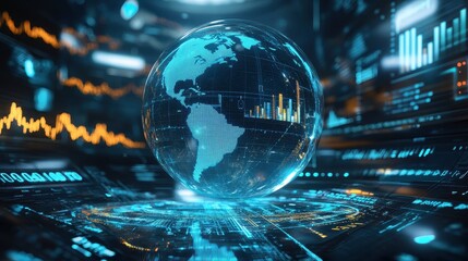 Fototapeta premium A futuristic representation of global connections, a globe surrounded by spinning holographic data points, sci-fi, high resolution, vibrant tones