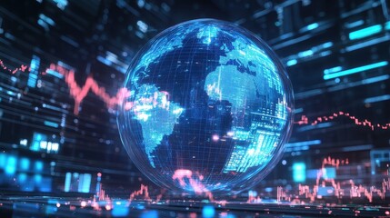 Obraz premium A futuristic representation of global connections, a globe surrounded by spinning holographic data points, sci-fi, high resolution, vibrant tones