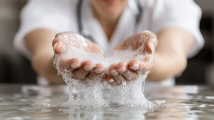 Fototapeta premium Medical Professional Demonstrating Hand Hygiene with Soap Bubbles and Water
