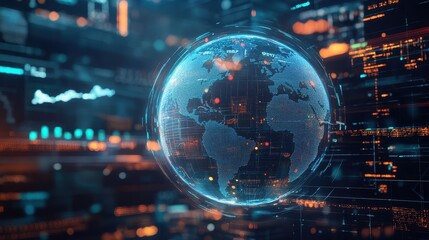Fototapeta premium A futuristic representation of global connections, a globe surrounded by spinning holographic data points, sci-fi, high resolution, vibrant tones