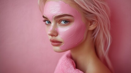 Obraz premium Professional Beauty Salon Portrait of a Young Woman Wearing a Facial Mask – Soft Pink Background