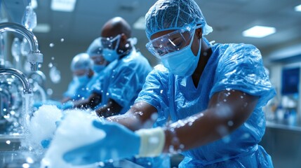 Medical professionals demonstrating hygiene practices in a healthcare setting