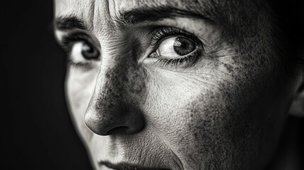 Close-up monochrome portrait, weathered face, apprehensive gaze.