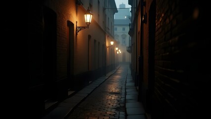 Fototapeta premium A dark alleyway with light reflecting off wet cobblestones