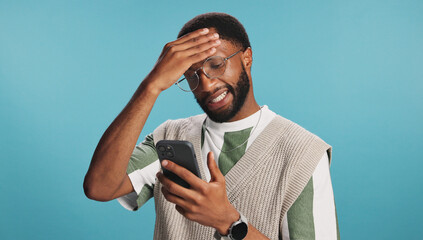 Fail, stress or black man with phone for reading bad news, password error or online crisis in...