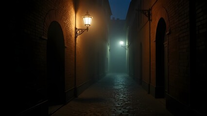 Fototapeta premium A dark alleyway with light reflecting off wet cobblestones