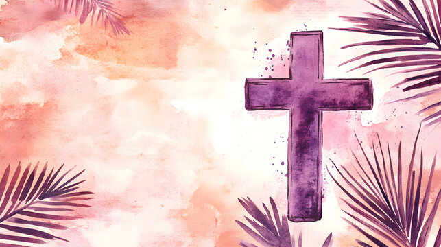 un fondo representativo de semana santa y pascua en la religion catolica cristiana con hojas de palma color morado con espacio de copia