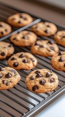 Golden brown chocolate chip cookies rest on a wire rack, letting cool after being baked. The bright kitchen light adds to the inviting, fresh atmosphere of the moment