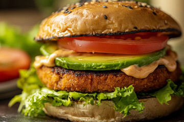 Delicious vegetarian plant based burger with fresh vegetable, avocado, tomato, lettuce and sauce. 