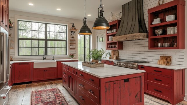 Rustic red kitchen with farmhouse island, white brick backsplash, and large window.