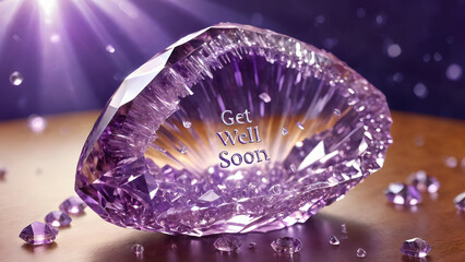 Get well soon wording engraved on a purple crystal. Expressing wish for a speedy recovery.
