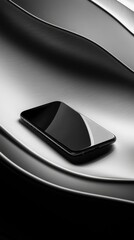 Sleek black smartphone rests on a modern, curved silver surface.