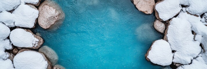 Aerial view of a turquoise river flowing between rocks covered with snow, creating a beautiful contrast between the cold white snow and the warm blue water, during a winter day