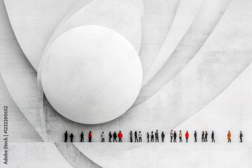 Poster a clean geometric representation of a group of people standing in a circle, radiating energy lines t