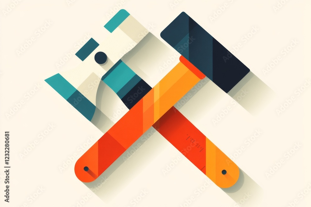 Poster a clean, flat icon of a hammer and ruler crossed over each other, representing construction and desi