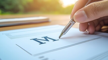 Hand Writing Letter M on Paper with Pen and Natural Background