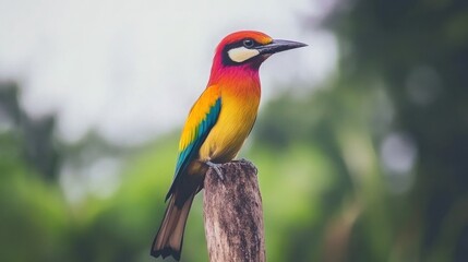 Fototapeta premium Vibrant Rainbow-Colored Bird Perched on a Wooden Post