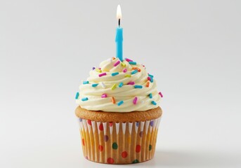 birthday cupcake, topped with swirled vanilla frosting and adorned with rainbow sprinkles.