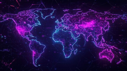 A surreal cyberpunk-style world map with neon trade routes forming an intricate spiderweb of global commerce, set in deep purple and electric blue tones. 
