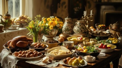 traditional Easter feast with decorated table 
