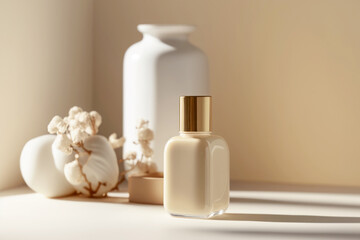 Bottle with cosmetic product for skin care in golden and beige colors. Organic cosmetic product. Generative AI