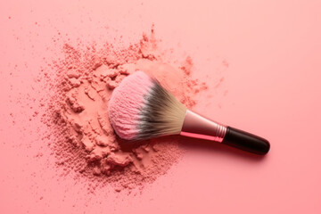Makeup brush with powder foundation on pink background. Generative AI