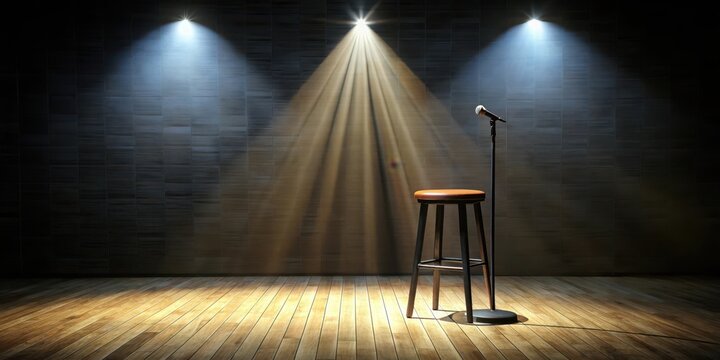 Empty stand-up comedy stage with a single spotlight shining down on the bare floor and a bar stool sitting center-stage, spotlight shine, microphone