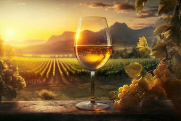 A glass of white wine sits on a rustic table with grapes backdropped by a vineyard stretching into the distance. The warm light of the setting sun illuminates the scene. Generative AI