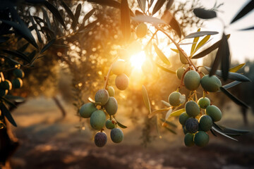 Olive tree with green ripe olives in an olive garden during sunset. Generative AI