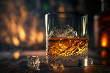 A Glass of whiskey on ice on wooden table. Copy space. Advertising shot. Generative AI